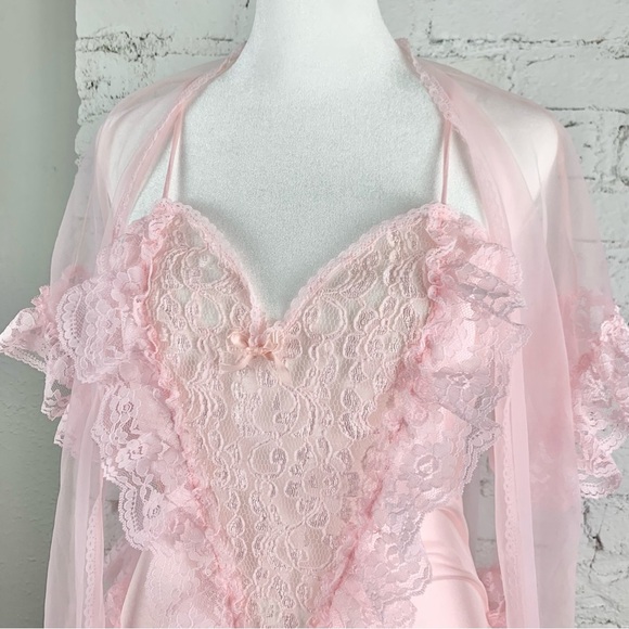 Alana Gale Intimates Nylon Pink Lace Ruffle Two Piece Teddy Robe Lingerie Set L - Picture 5 of 15